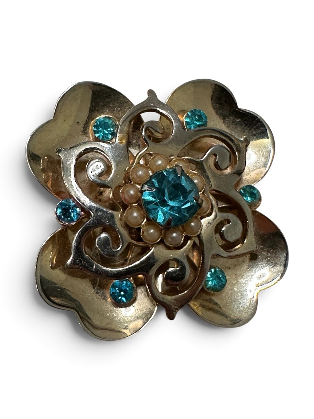 Vintage Blue Rhinestone Faux Pearl Flower Brooch Pendant